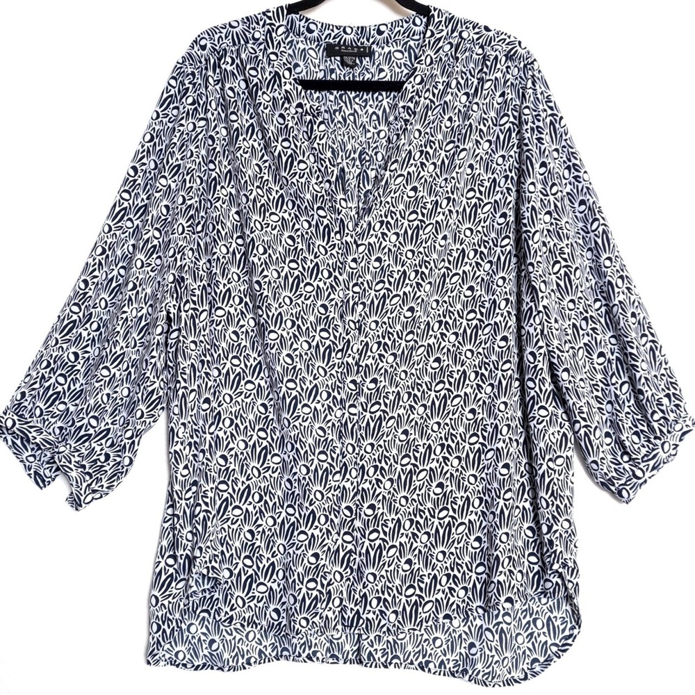 Grace Tunic Top Womens 2X Navy White Floral Print V Neck Three Quarter Sleeve